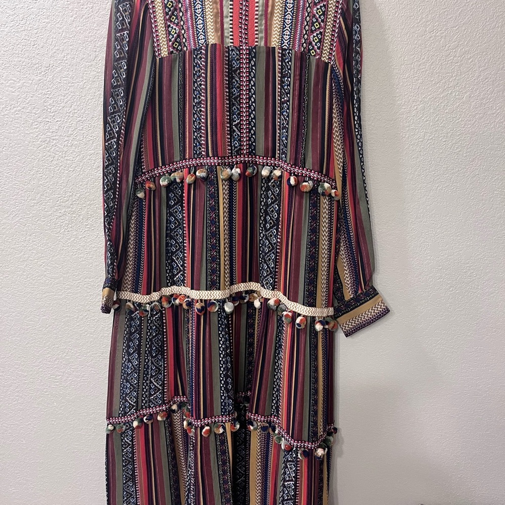 Zara pompom trim tiered Long Sleeve Dress